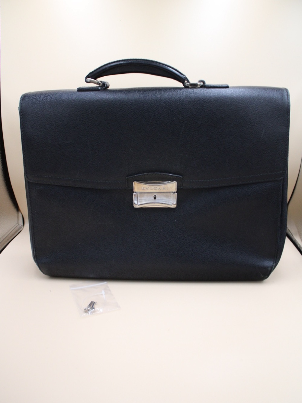 Bulgari Black Leather Men's Briefcase with Silver Hardware